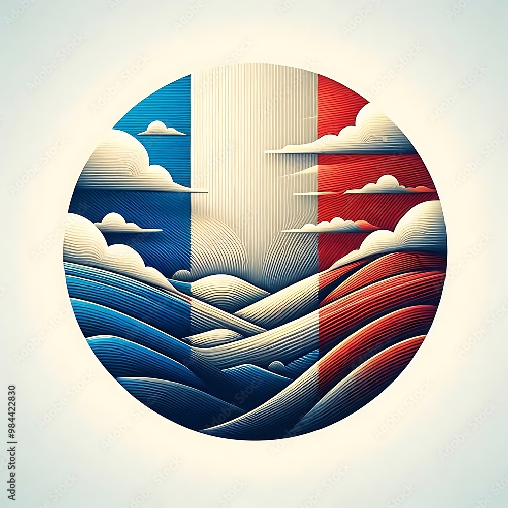 Poster a beautiful painting of a mountain range with a blue and red circle in the center. the circle is fil
