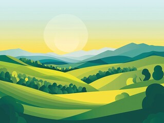 Fototapeta premium Peaceful Pastoral Landscape With Rolling Hills And Sunlit Meadows