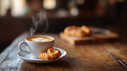 A steaming cup of espresso served with a delicate pastry, set against a rustic kitchen background.