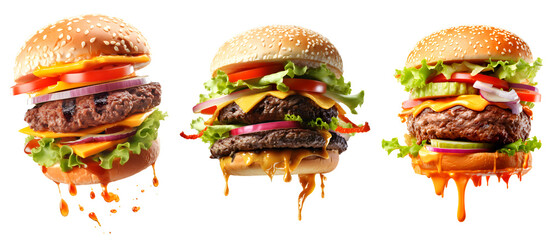 Set of Flying Big Hamburgers, isolated on transparent background, fast food concept, realistic 3D illustration, generative ai