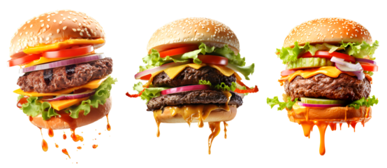 Set of Flying Big Hamburgers, isolated on transparent background, fast food concept, realistic 3D illustration, generative ai
