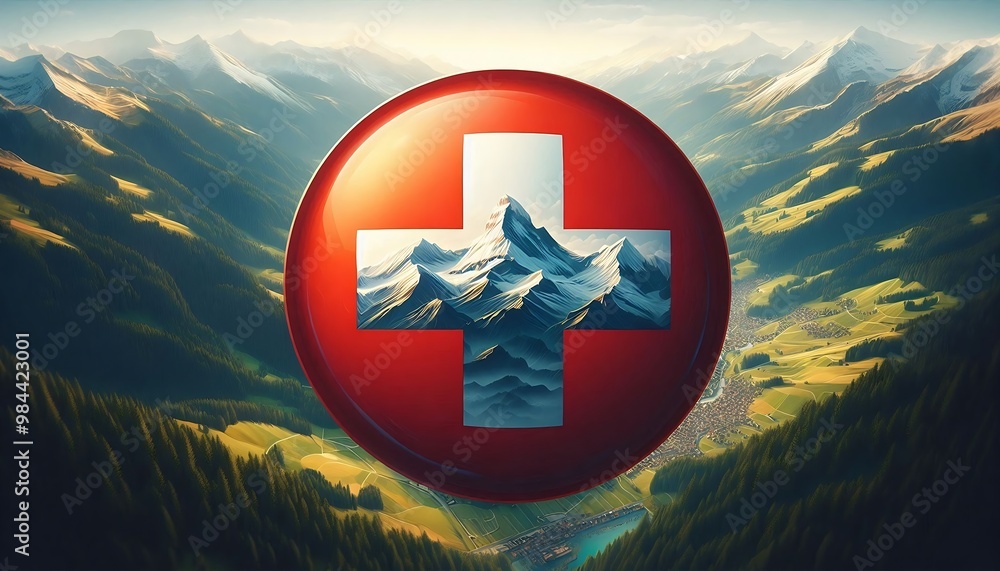 Poster flag switzerland. a mountain range with a red cross on it. the mountain range is in the background a