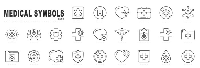 Set of medical symbols related line icons. Cross, hospital, caduceus, aid etc. Editable stroke