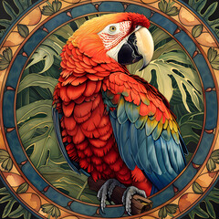 Fototapeta premium Art nouveau artistic image of Scarlet Macaw in a round shape