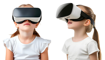 Set of Little Girls wearing Virtual Reality Glasses, isolated on transparent background, virtual reality technology concept, realistic design illustration, generative ai
