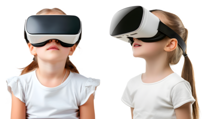 Set of Little Girls wearing Virtual Reality Glasses, isolated on transparent background, virtual reality technology concept, realistic design illustration, generative ai