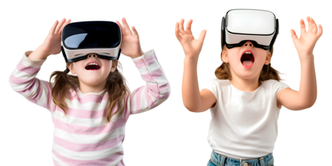 Set of Little Girls wearing Virtual Reality Glasses, isolated on transparent background, virtual reality technology concept, realistic design illustration, generative ai