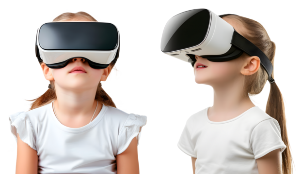 Set of Little Girls wearing Virtual Reality Glasses, isolated on transparent background, virtual reality technology concept, realistic design illustration, generative ai