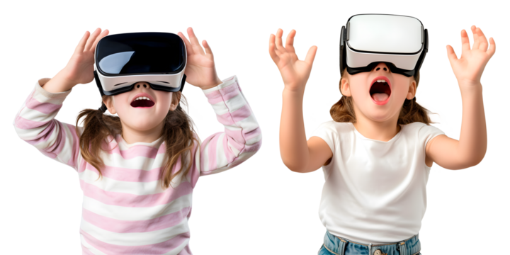 Set of Little Girls wearing Virtual Reality Glasses, isolated on transparent background, virtual reality technology concept, realistic design illustration, generative ai