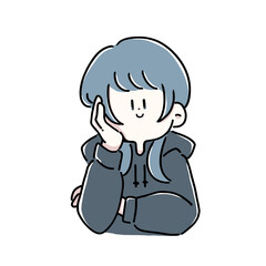 頬杖をついて話を聞いている女性