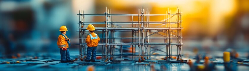miniature construction workers inspecting scaffolding at a job site.