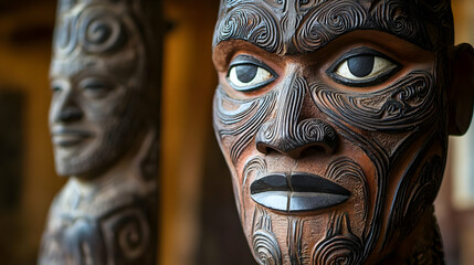 Close-up of a Wooden Carving Depicting a Maori Face with Intricate Patterns and a Serious Expression