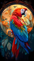 Fototapeta premium Art nouveau artistic image of Scarlet Macaw in a round shape