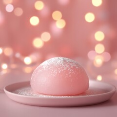 Soft pink mochi on pastel plate with warm bokeh lights in the background