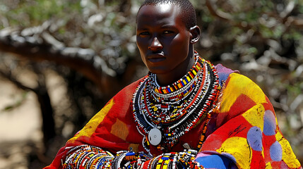 Obraz premium A Portrait of a Man Wearing Colorful Beads and a Vibrant Cloth in Africa