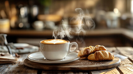 A steaming cup of espresso served with a delicate pastry, set against a rustic kitchen background.