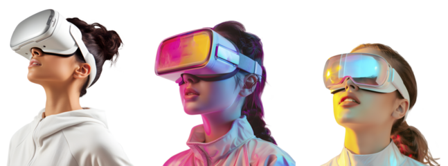 Set of Young Women wearing Augmented Reality glasses, isolated on transparent background, augmented reality technology concept, realistic illustration, generative ai