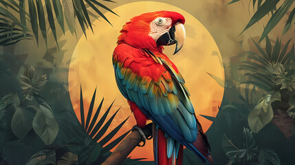 Art nouveau artistic image of Scarlet Macaw in a round shape