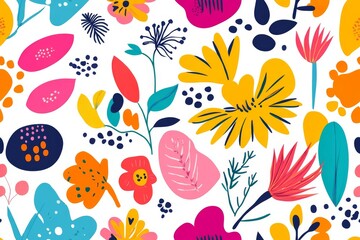 This vibrant seamless pattern features diverse flowers and whimsical shapes, perfect for creative projects like fabric, wallpaper, and stationery, brightening any artistic endeavor