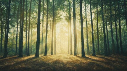 Obraz premium Serene Forest Path with Warm Sunlight Streaming Through the Lush Green Foliage