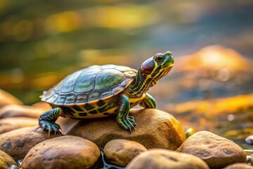 Obraz premium The tiny turtle with a green and brown shell slowly crawls on the rough textured rock near the calm water's edge, soaking up the warm sun's rays.
