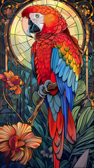 Obraz premium Art nouveau artistic image of Scarlet Macaw in a round shape