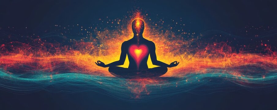 Mind and heart connection concept in meditation. A serene figure meditating with a glowing heart, surrounded by vibrant colors and energy waves, symbolizing peace and harmony.