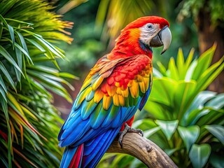 Obraz premium The vibrant plumage of a macaw parrot stood out against the lush tropical foliage of the branch it perched upon, its feathers glowing with iridescent colors.