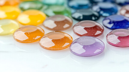Colorful glass beads arranged in a vibrant spectrum, showcasing their glossy surfaces and intricate reflections.