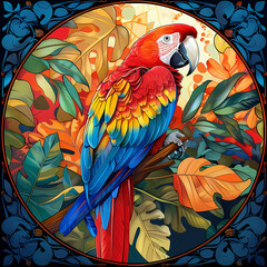 Fototapeta premium Art nouveau artistic image of Scarlet Macaw in a round shape