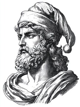 recommend clip art: Black and white Vintage engraved art of Ares wearing a Christmas Santa hat, isolated on white background, ink sketch illustration, simple vector art design, highly detailed line art, high contrasty 