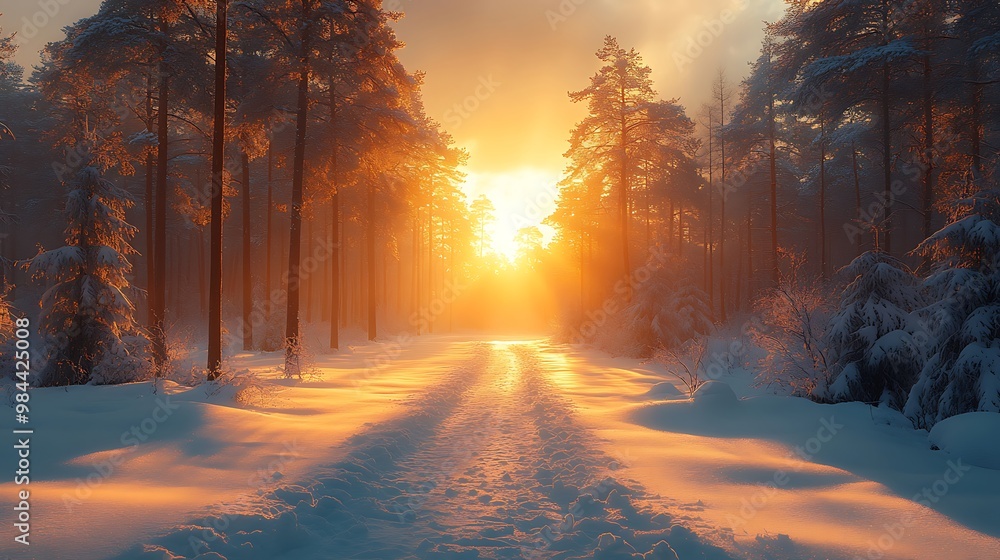 Poster a snowy path through a forest with the sun setting in the distance.