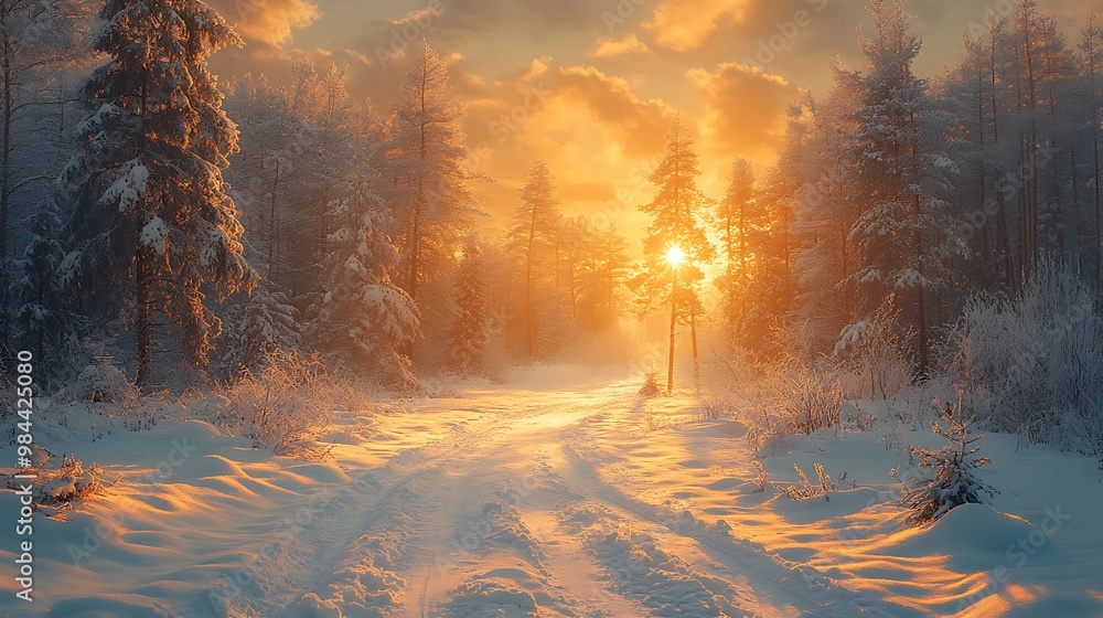 Poster a snowy forest path illuminated by the golden rays of the setting sun.