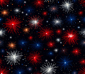 Naklejka premium Seamless pattern with colorful fireworks in the sky. Colorful background for fun festival day.