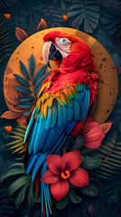 Obraz premium Art nouveau artistic image of Scarlet Macaw in a round shape
