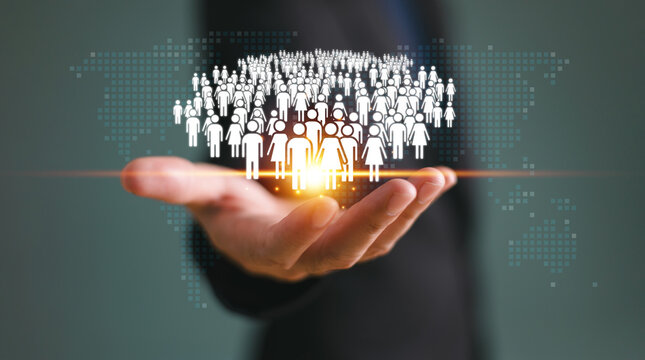 Population rate factor decline crisis concept. Increase birth rate infographic, fertility rate decrease control. Businessman hold population family icon with world map background. Demography statistic