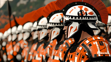 A Line of Warriors Wearing Ornate Red and White Armor with Spiked Helmets Stand in Formation