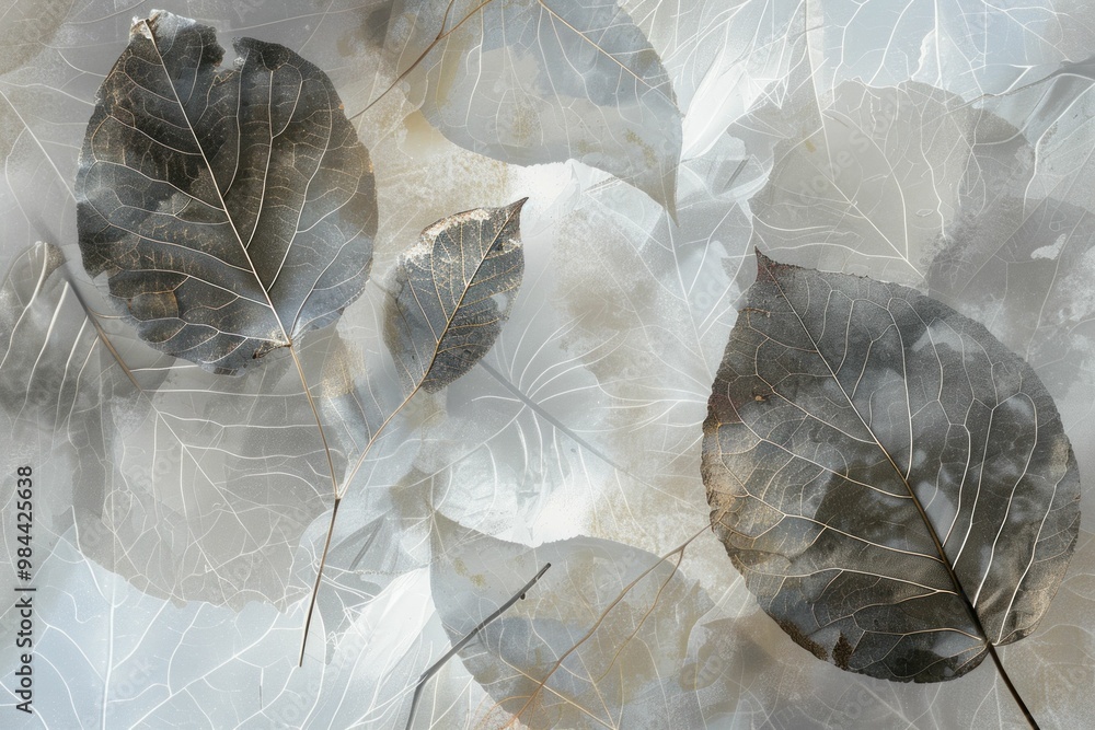 Aufkleber transparent leaves overlay creating an abstract and delicate background with soft hues of gray and w