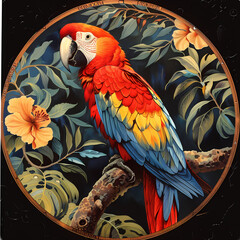 Obraz premium Art nouveau artistic image of Scarlet Macaw in a round shape