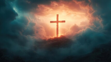 A radiant cross emerges through dramatic clouds, symbolizing hope and spirituality against a vibrant sky.