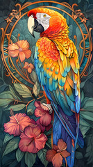 Obraz premium Art nouveau artistic image of Scarlet Macaw in a round shape