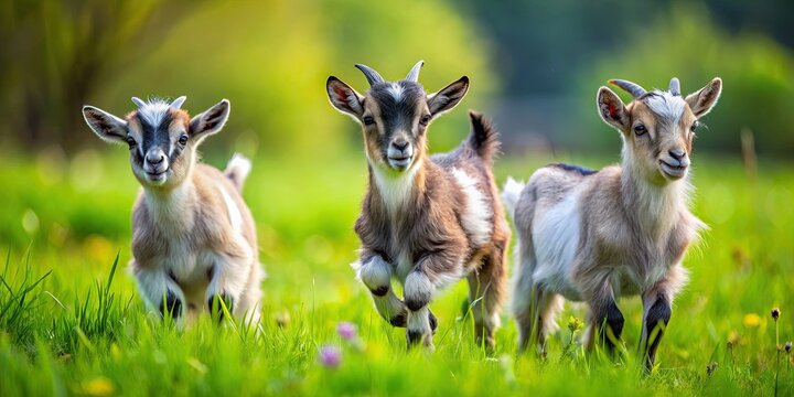 Tiny pygmy goats frolic in a verdant meadow, their playful and curious nature shining bright as they bound and leap with carefree abandon.