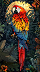 Fototapeta premium Art nouveau artistic image of Scarlet Macaw in a round shape