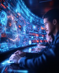 Young Professionals Working on Cybersecurity in a High-Tech Command Center