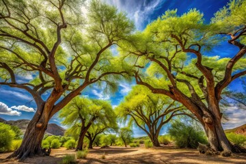 Obraz premium Towering palo verde trees stand tall, their trunks twisted and gnarled, reaching for the sky as lush green leaves provide a pop of color in the desert.