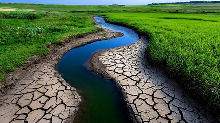 Green grass and a winding stream breathe life into the cracked earth.