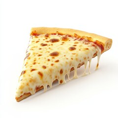 3D illustration of a cheesy pizza slice with a crispy crust and melted cheese, isolated on white