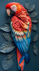 Luxurious Scarlet Macaw with an open tail, full face, jewelry