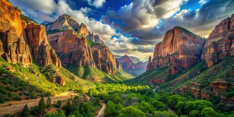 Towering sandstone cliffs soar above serene Zion National Park valley, verdant canopies and ancient...