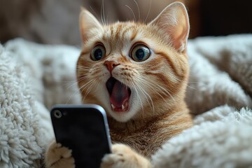 Fototapeta na wymiar A fluffy pet cat looks into a smartphone and is surprised by the discounts. The concept of autumn discounts, black Friday sales